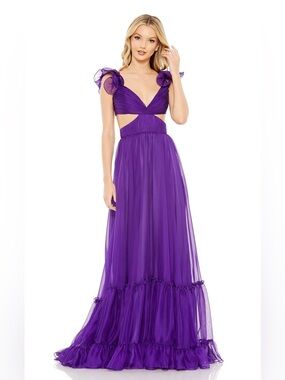 MAC DUGGAL
Ruched Ruffled Shoulder Cut Out Lace Up Gown Size 6